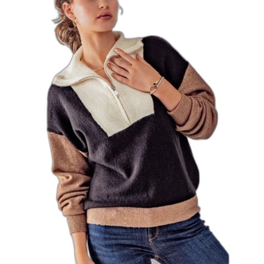 Baltic Born Women's Black Brown Ivory Colorblock 1/2 Zip LS Sweater Size XL
